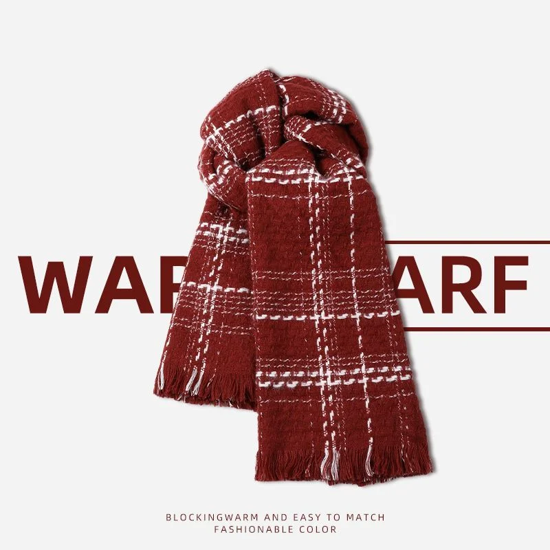 Red Scarf Women's New Winter Knitted Checkered Versatile High End Atmosphere Neck Warm Scarf