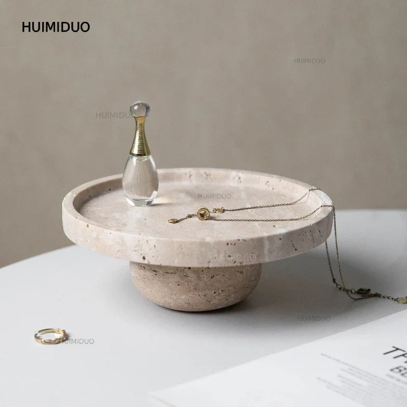 Frutero de Travertino Natural con Pedestal de Piedra, Moderno Recipiente Decorativo de Travertino para Cocina, Entrada