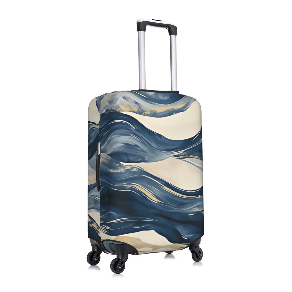 Watercolor Nautical Blue & Gold Wave Pattern Luggage Cover Elastic Travel Suitcase Protective Covers Suit For 18-32 inch