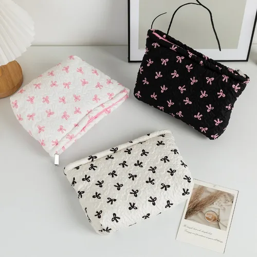 Imagen 2 del producto Bolsa de maquillaje estilo lazo, organizador de cosméticos bonito de alta capacidad, neceser de viaje para mujer, bolsa de almacenamiento tipo billetera a la moda