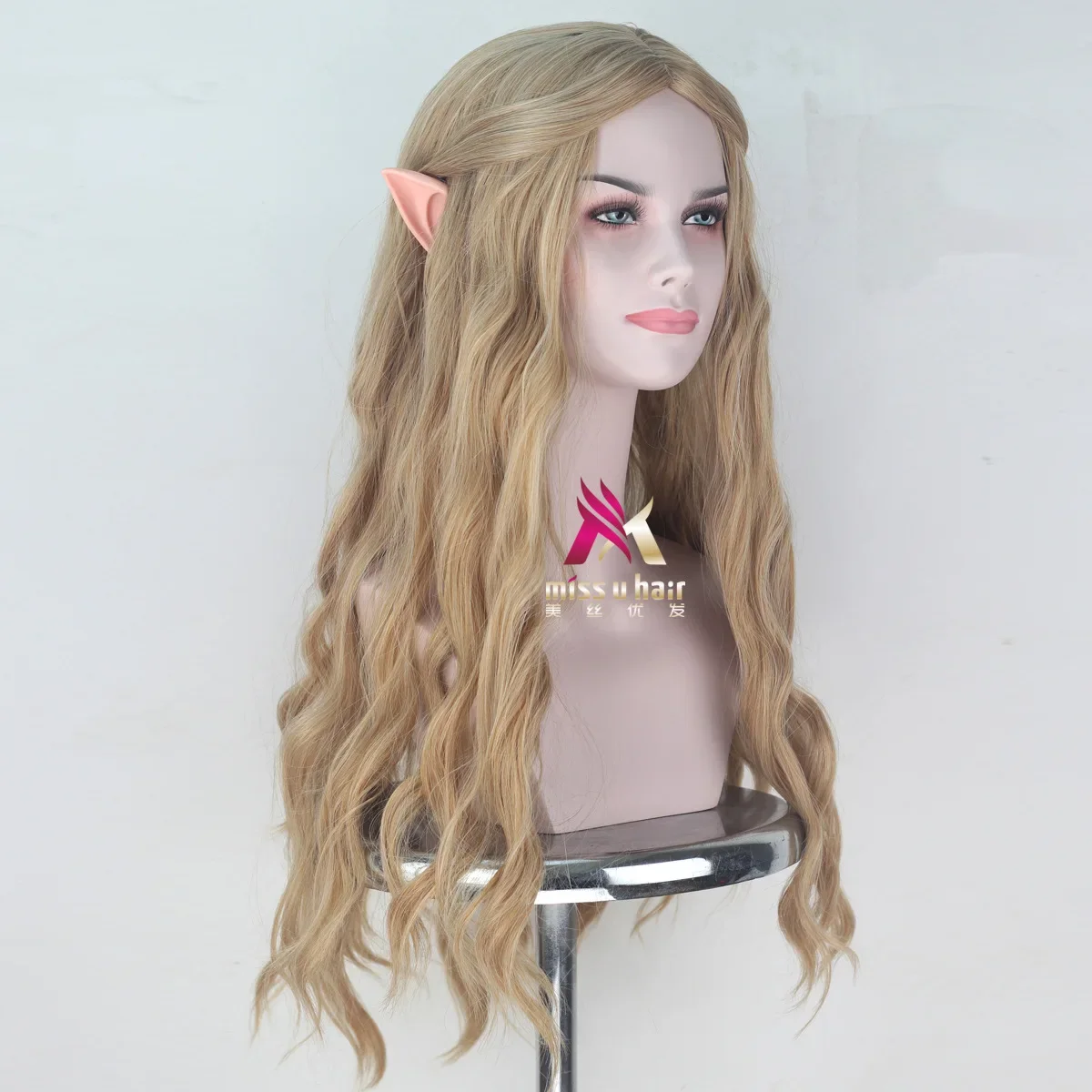 Peluca de Galadriel con orejas puntiagudas para mujer, juego de rol, pelo largo dorado ondulado, elfo, Reina, gato, disfraces de pelo Blanchett, Halloween