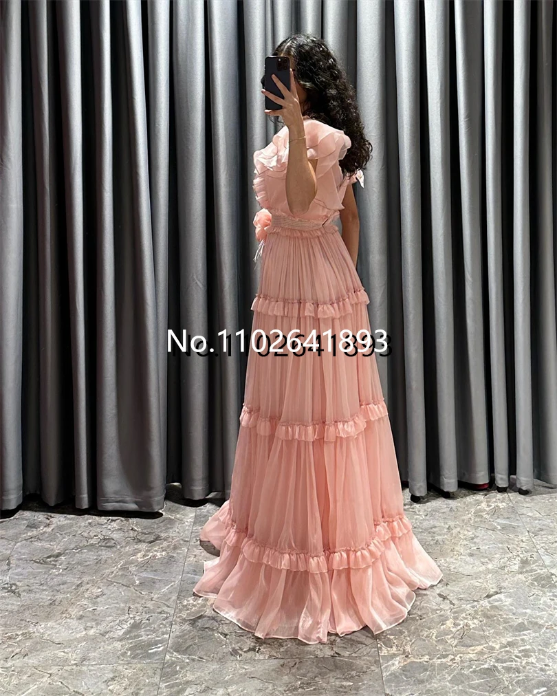 Elegant Dubai Solid Evening Dresses Ruched O-Neck A-Line Pleated Sleeves Formal Prom Dress Tered Ruffles Occasional Party Gowns