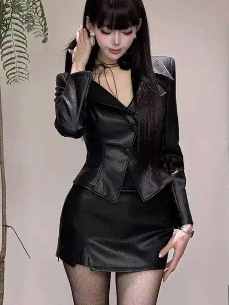 

Короткие кожаные корейские укороченные топы, женская одежда, простые пальто из искусственной кожи с тонкой талией, Ropa Mujer, модные темпераментные женские топы