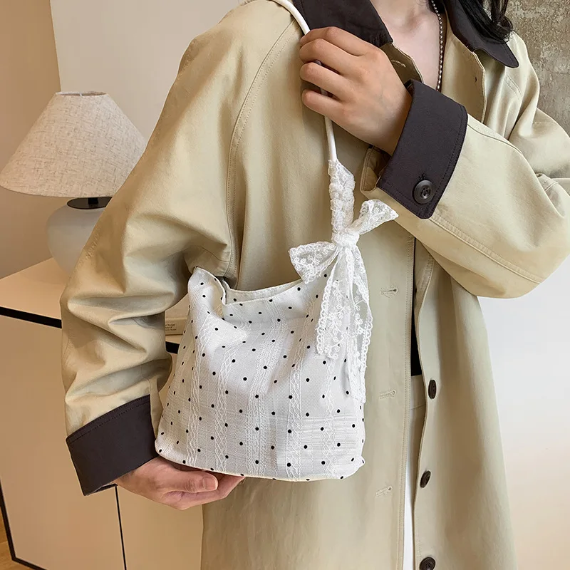 

Ins Simplicity Mini Shoulder Bag for Girl Korean Japanese Fashion Dot Bucket Bag Decorative Silk Scarf Set Cute Storage Bag