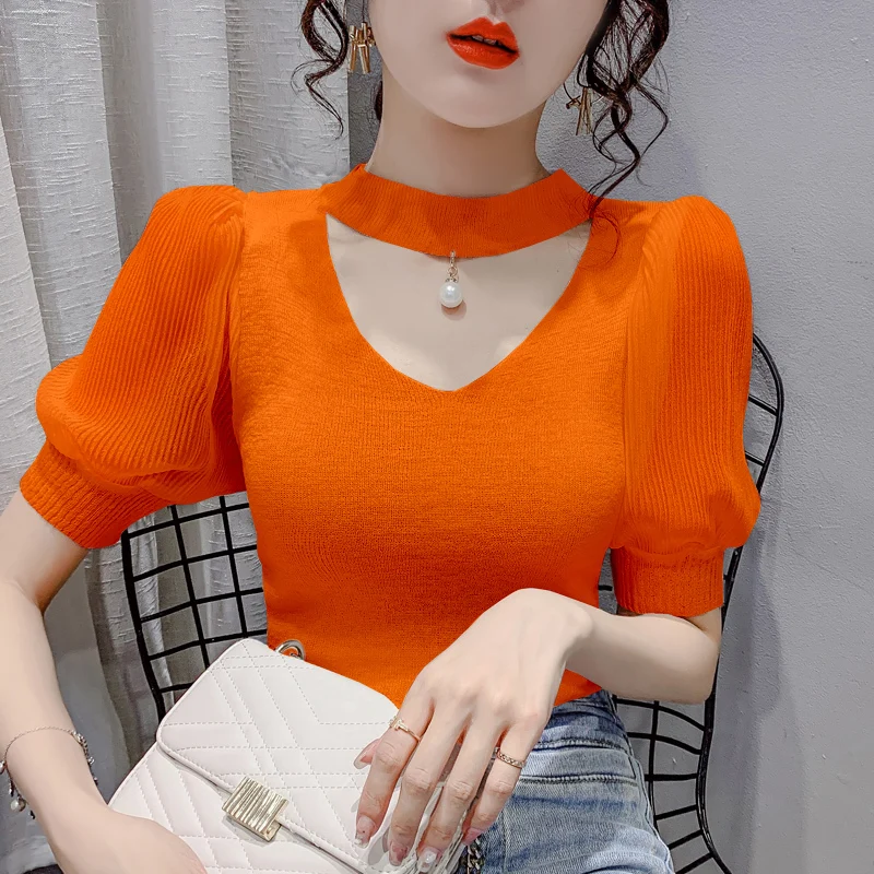 Korean Sweater Women Clothes Puff Sleeve Elegant Ladies Knit Tops Fashion Y2K Halter Sweaters 2022 Fall V Neck Woman Pullover