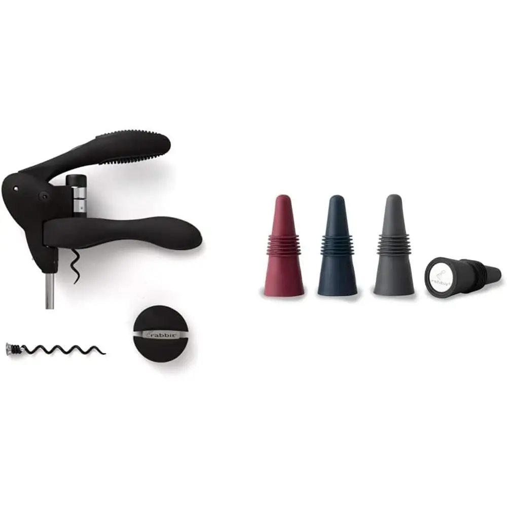 

Black Wine Corkscrew with Foil Cutter and Multicolored Bottle Stoppers Set of 4
