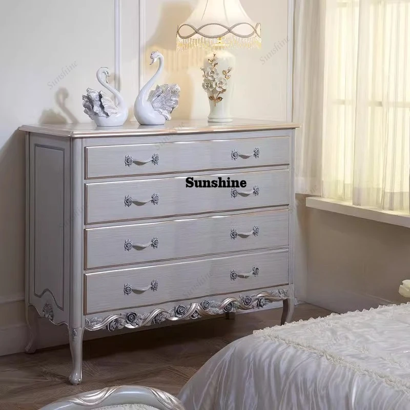 American four-chest cabinet, bedroom solid wood carving flower drawer cabinet, blue old storage cabinet