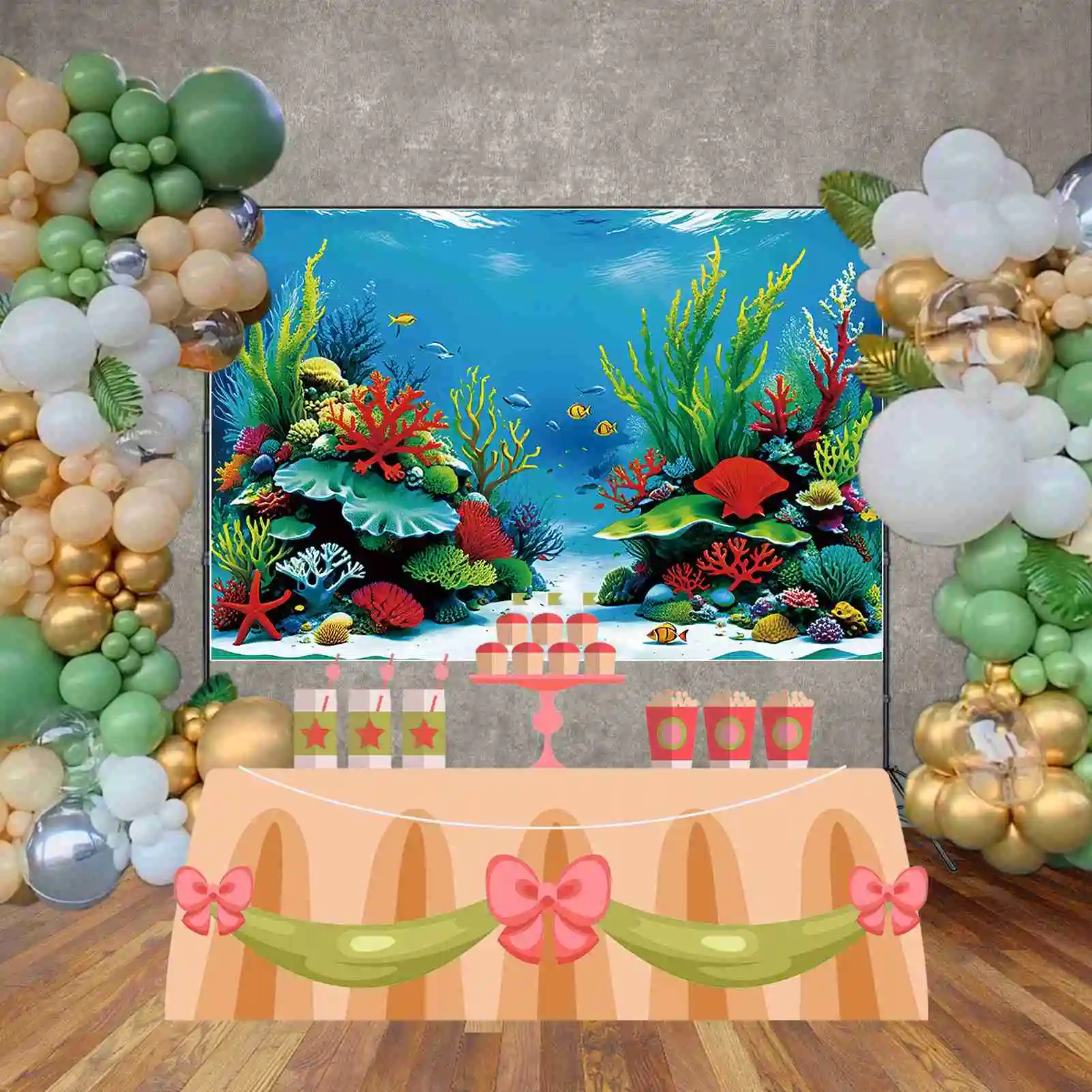 MOON.QG Summer Sea Water Birthday fondale per bambini Green Grass Aquarium Red Coral Background puntelli per fotochiamate per feste personalizzati