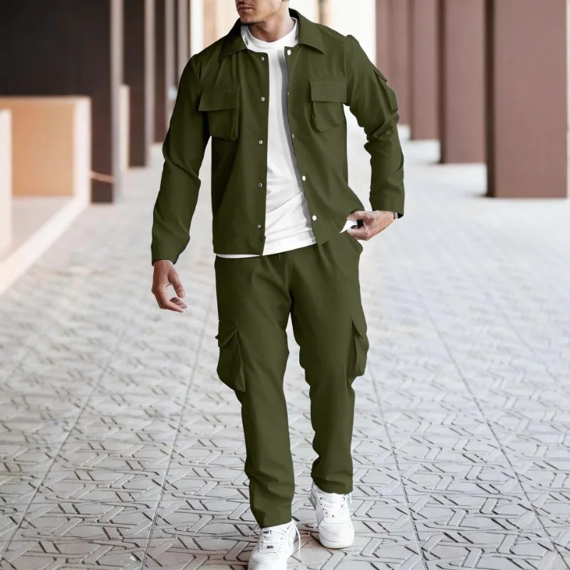 

Men Two Piece Cargo Set Long Sleeve Button Down Jacket and Tapered Cargo Pants Casual Utility Outfit