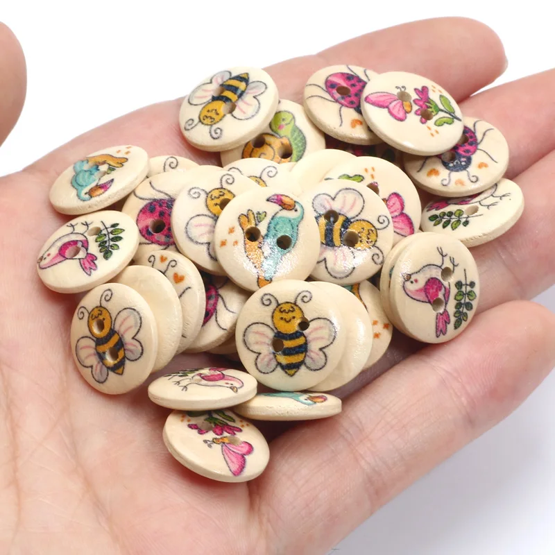 50pcs 15mm Natural Color Bird Bee Butterfly Ladybug Wooden Buttons For Clothes Decorative Crafts Supplies Diy Sewing Accessories