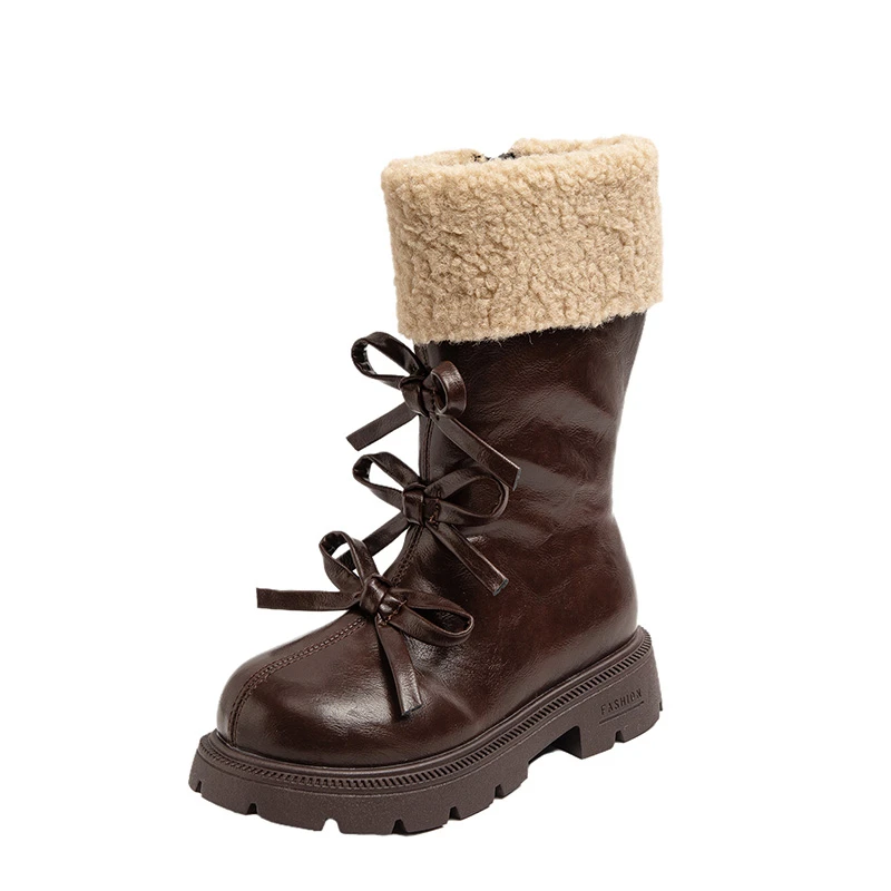 Girls Winter Knee‑High Boots, Fuzzy Fleece Cuff Tall Boots with 3 Bows Decor, Warm Furry Lined Princess Boots for Little Kids