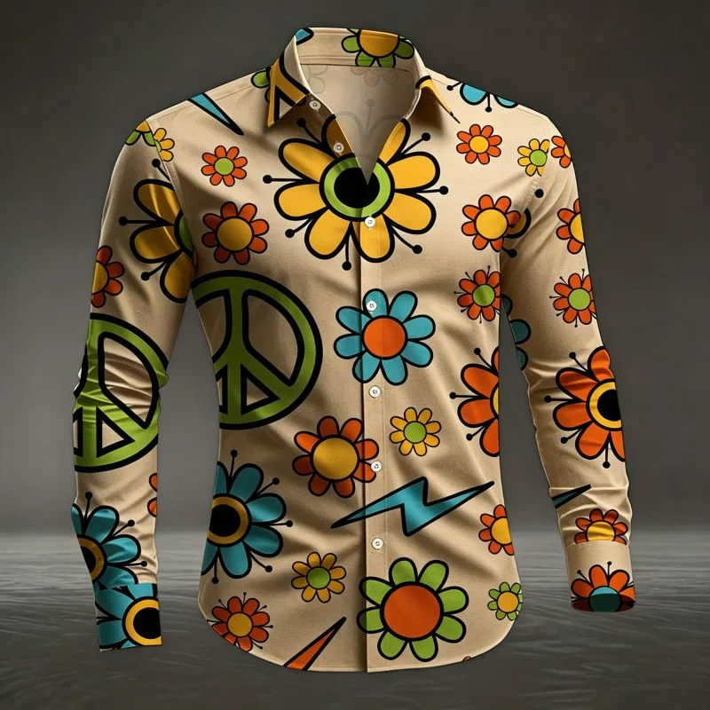 Heren wit hippie vredesteken bloemenprint overhemd met lange mouwen en knoopsluiting dagelijkse casual blouse tops