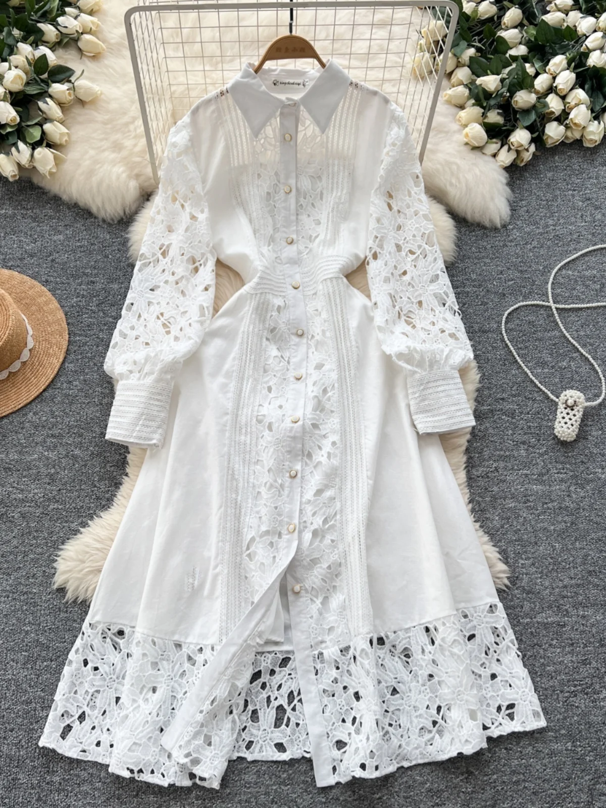 2025 Summer Holiday Sexy Hollow Out Cotton Lace Party Midi Dress Shirt For Women's Autumn Long Sleeve Buttons Evening Vestidos