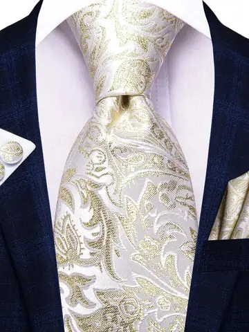 Hi-Tie Champagne Gold-color Silk Mens Elegant Ties Fashion Mens Necktie Pocket Square Cufflinks Set Business Party Wedding