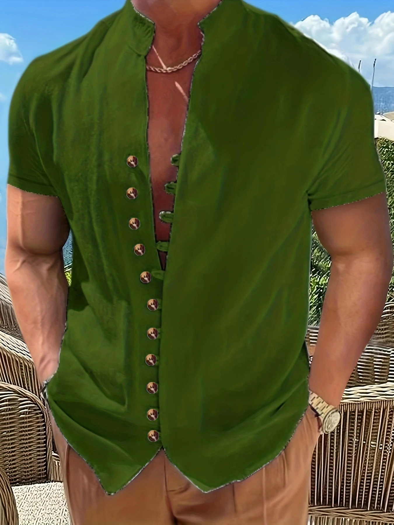 

Новая летняя повседневная рубашка с короткими рукавами, свободная мужская хлопковая однотонная рубашка с короткими рукавами, гавайская рубашка с воротником-стойкой