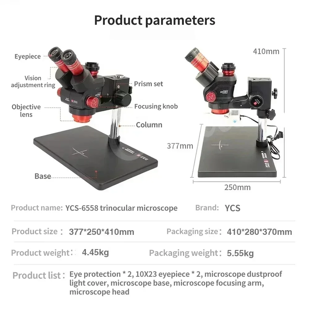 YCS 6558X 6.5-58 Zoom High-definition Trinocular Microscope with Large Base for Mobile Phone PCB Welding Microscope Tool Kit