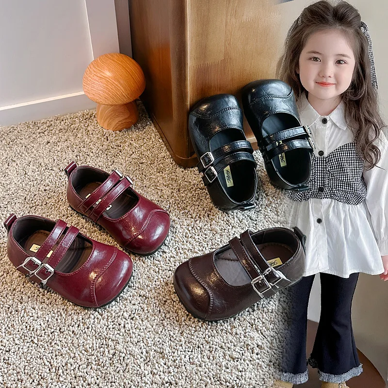 Kids Flat Shoes Double Hook&loop Girls Princess Shoes Round Toes Versatile 2026 Brand New Children Leather Boots Soft Sole