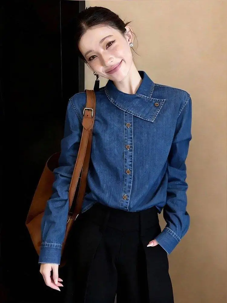 

Retro Blue Denim irt Women's Spring 2026 New Sle Commute Versatile Slimming Long Sve Top Polyester Fiber A-Class Quali