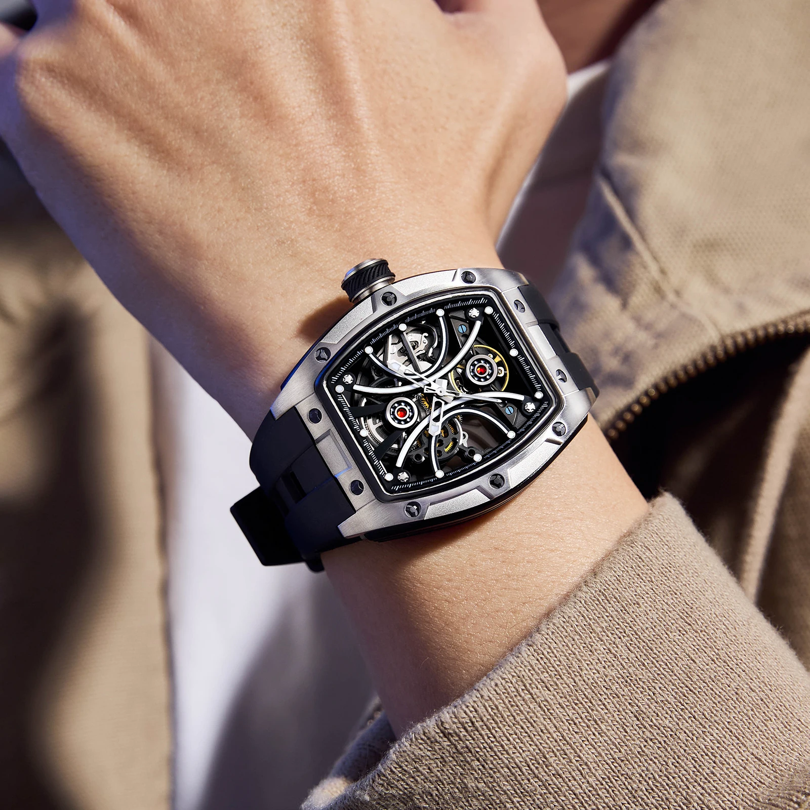 Gorman تصميم جوفاء النقش الأسود الذهبي حالة جلدية الهيكل العظمي ساعات آلية الرجال العلامة التجارية الفاخرة Heren Horloge للرجال #4