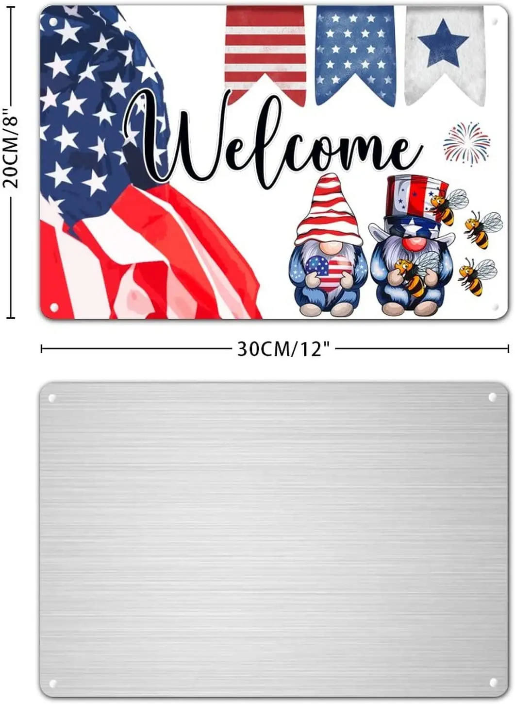 8x12in Aluminum Sign Independence Day Cute Gnomes Hold Heart-shaped American Flag Plaque Tin Sign No Fading Fade