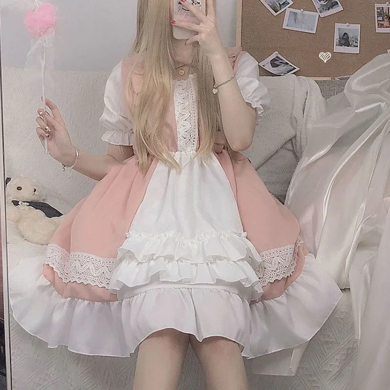 Dress Women Pink Lace Lantern Sleeve Korean Style Harajuku Lolita Cosplay Sweet Cute Girls Party Slim Kawaii Gothic Vintage Chic