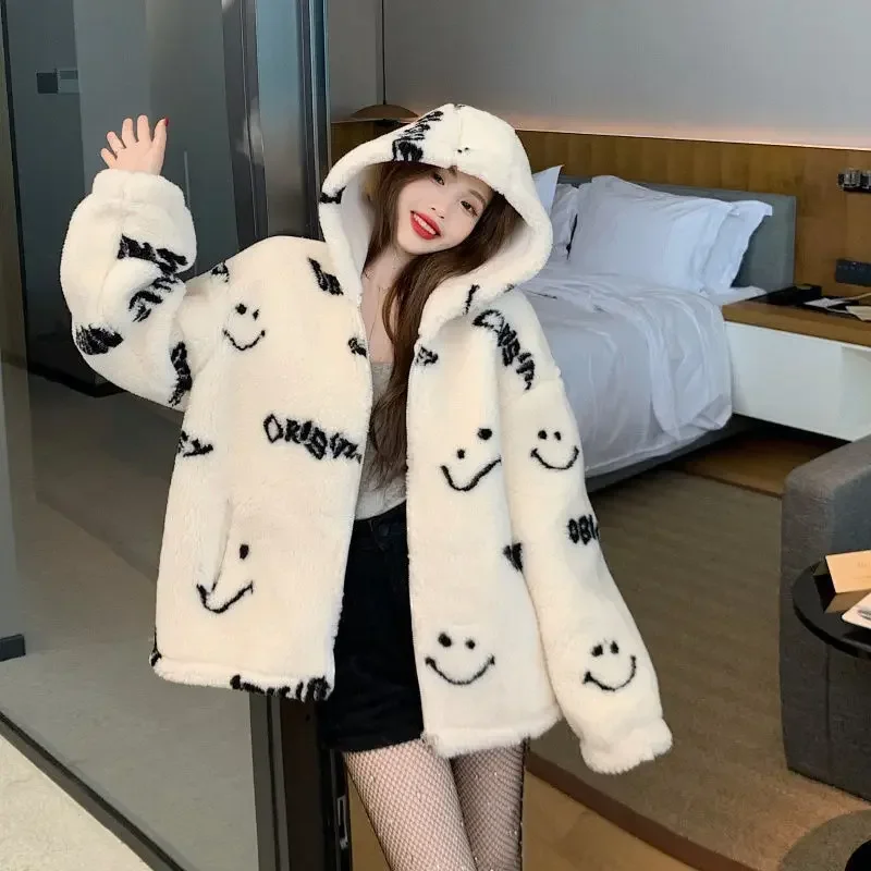 Cute Smiling Face Lamb Wool Coat Women\'s Korean Sweet Girl Cotton Coat 2023 Autumn/Winter Warm Hooded Short Jacket