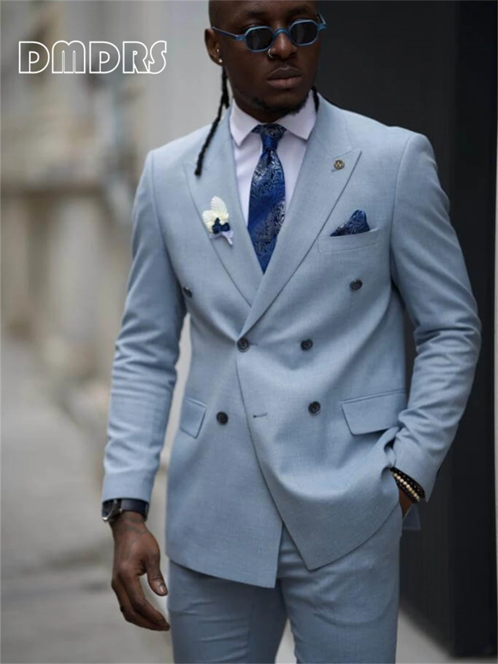 

Blue Double Breasted Suit for Men XS-5XL Plus Size 2 PCS Formal Suits Jacket Pants Set - Business Party Dinner Tuxedo