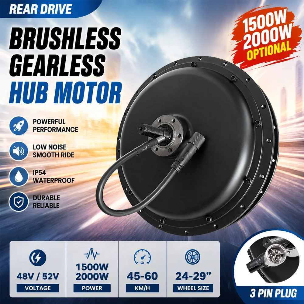 48V 1500W 2000W Gearless Hub Motor Rear Drive Electric Bike Conversion Motor E-Bike Motor Suitable 24-29 Inch Wheel V Disc Brake