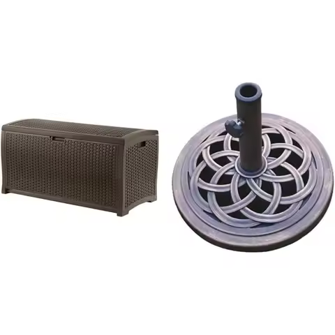 99 Gallon Wicker Deck Box + DC America 18-Inch Umbrella Base