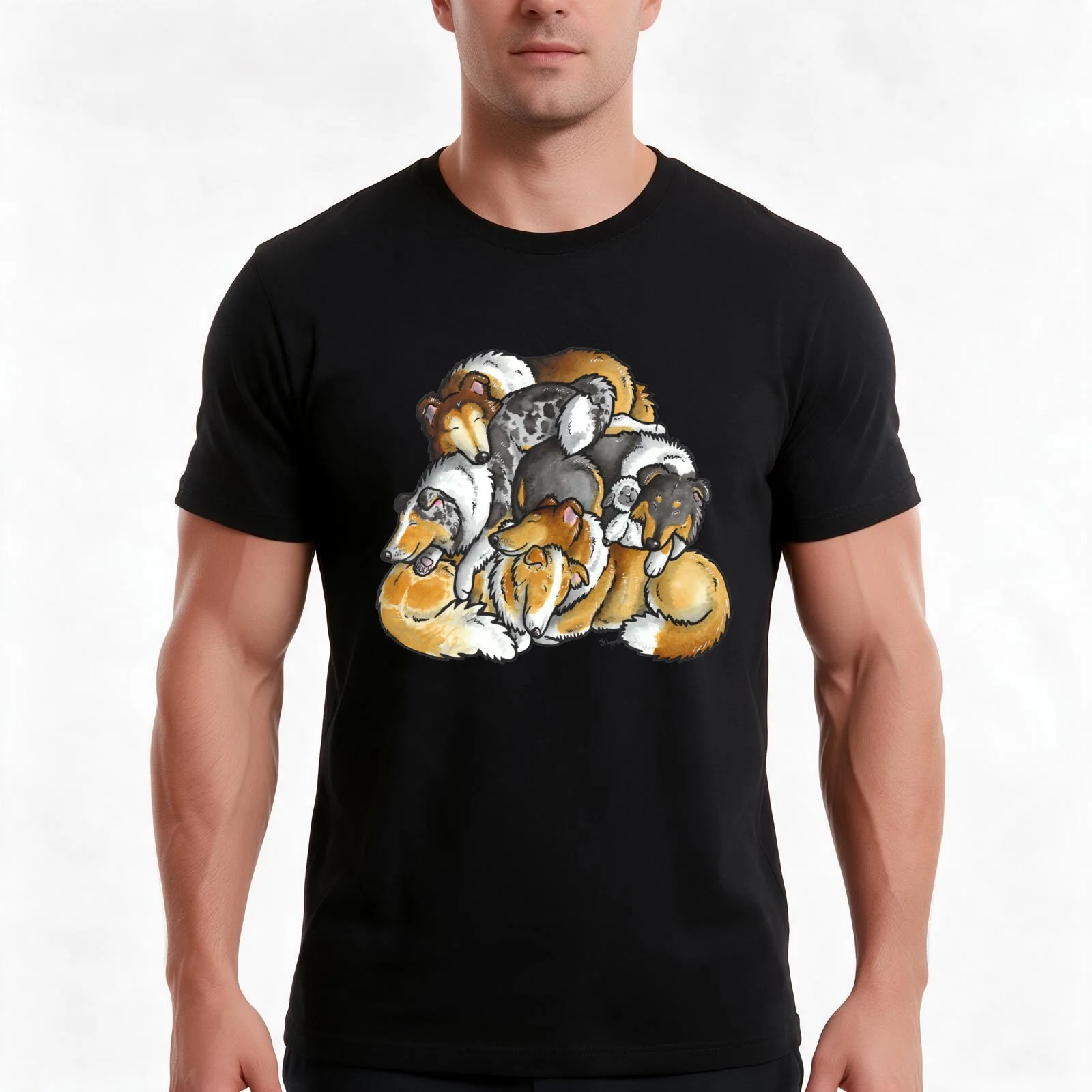 Rough Collie - sleeping pile cartoon T-Shirt, Summer Casual Cotton Tee, Oversized Streetwear Tops, Vintage Graphic Print