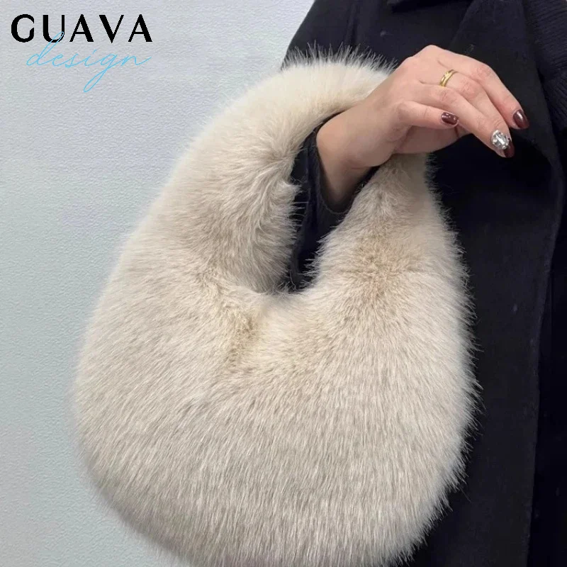 

Luxury Soft Plush Half Moon Bag Fluffy Faux Fur Lady Handbags Female Winter Purse Party Clutch Bag Casual Tote Bag