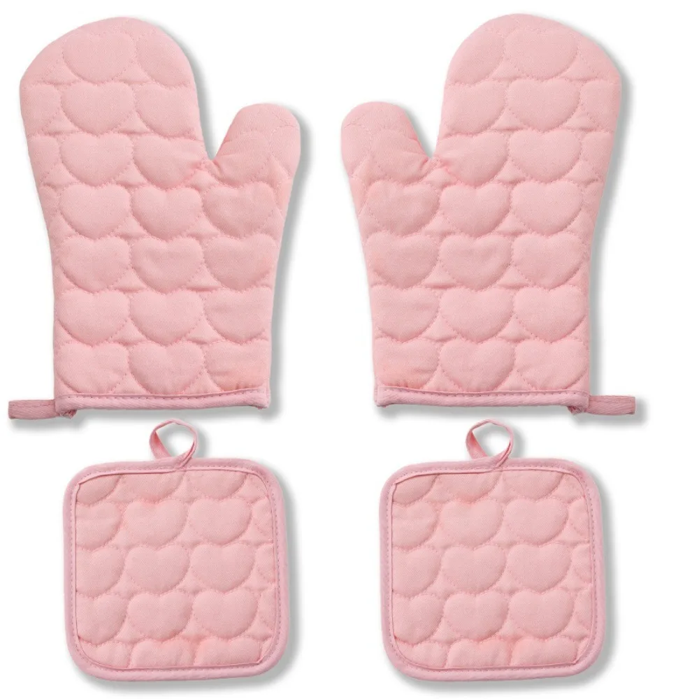 

4 pieces/set Thickened Heart Oven Baking Gloves Set Heat Resistant Non-slip Microwave Gloves Household Solid Color