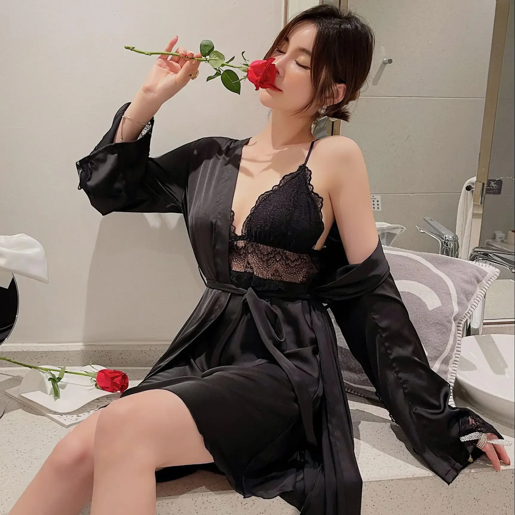 Sexy Robe Set With Lace Female 2PCS Bathrobe&Suspender Nightdress Two-piece V-Neck Kimono Gown Sleepwear Suit Women Home Wear