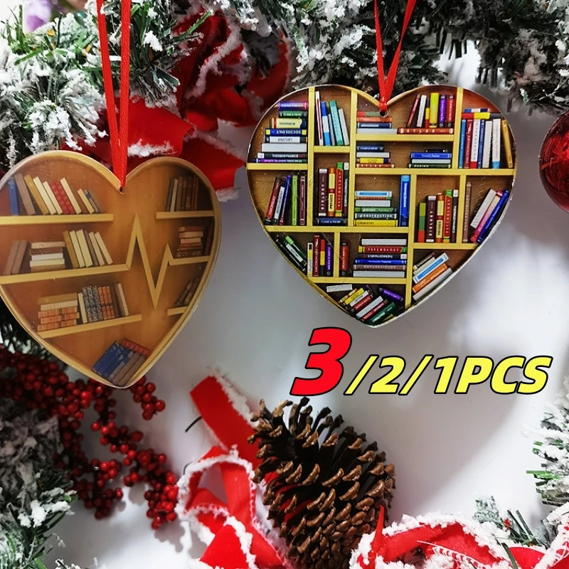 3PCS Book Lovers Heart Shaped Bookshelf Christmas Pendant Acrylic Drop Ornament Door Window Christmas Tree Hanging Decoration