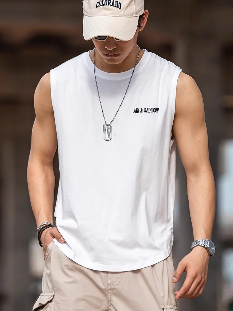 

White Pure Cotton Svel Wide oulder Vest Men Summer Breathable Loose Fitn Sports T-irt American Retro T-irt