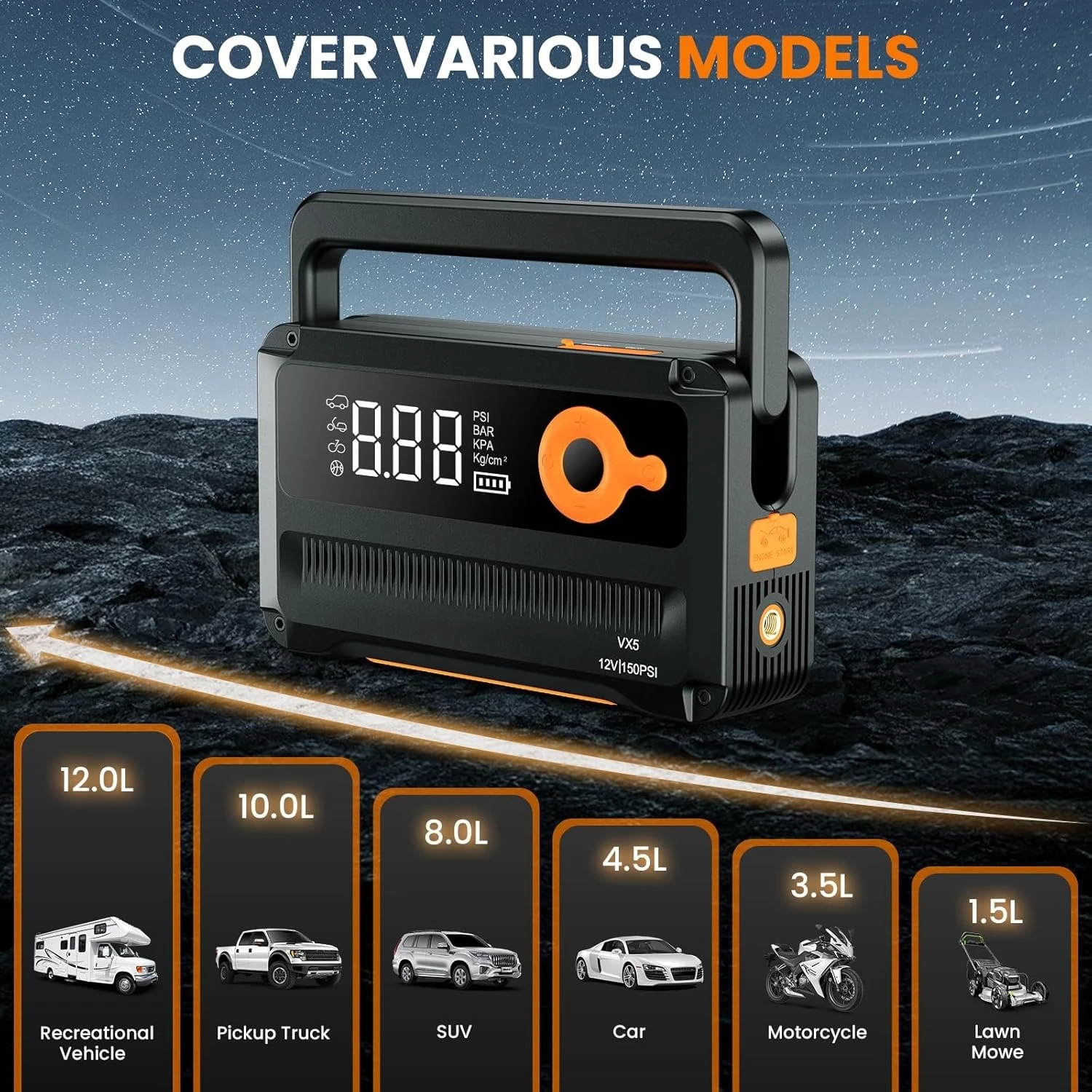 9-in-1 6000A بطارية السيارة الانتقال كاتب مع ضاغط الهواء 26800 مللي أمبير، 150 رطل لكل بوصة مربعة 12 فولت صندوق الانتقال مع منفاخ الإطارات التلقائي، للبيع