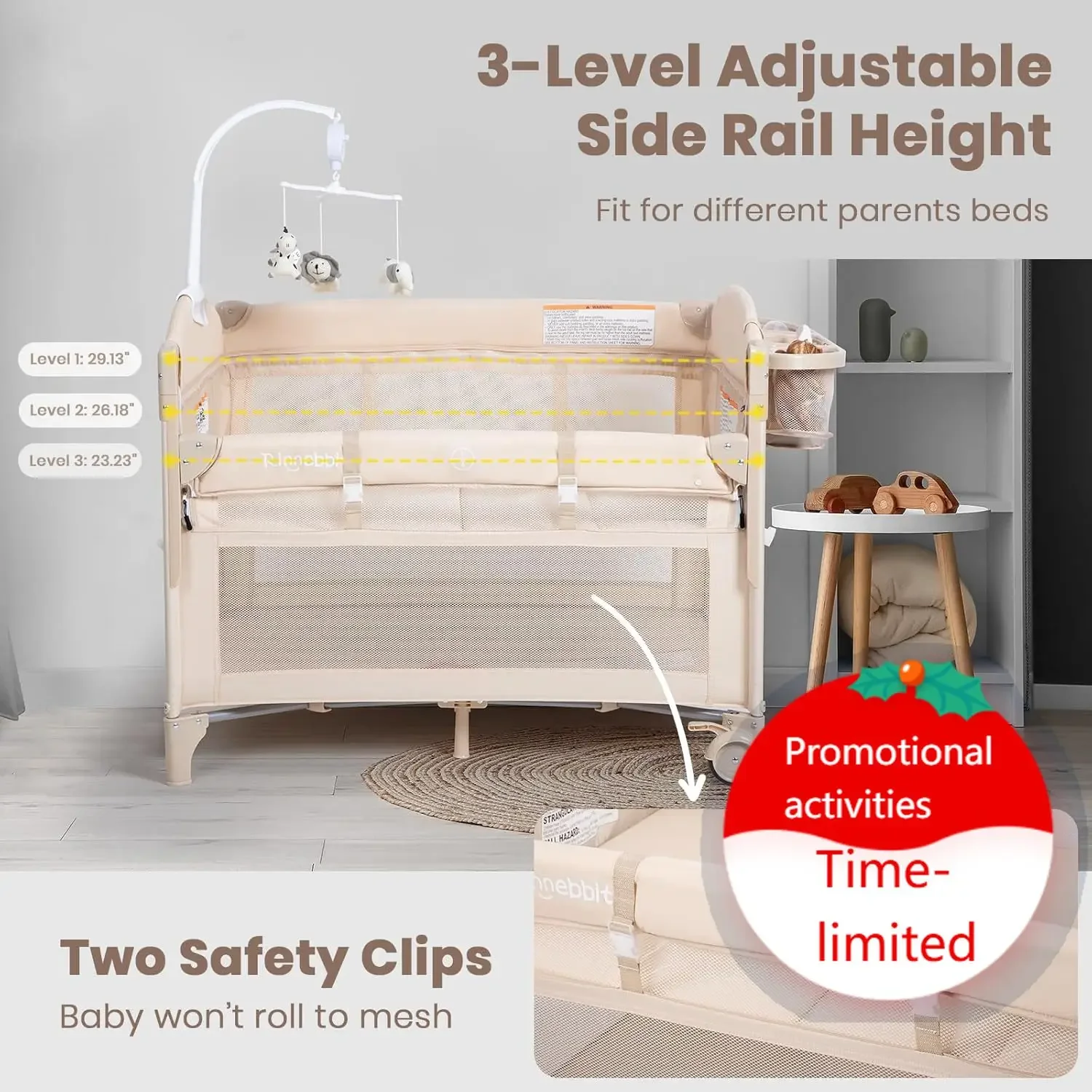 

Rinnebbit Baby Bassinets Bedside Sleeper, 4 in 1 Portable Bedside Crib w/Mattress, Diaper Changer, Storage Basket, Music Box, Ca