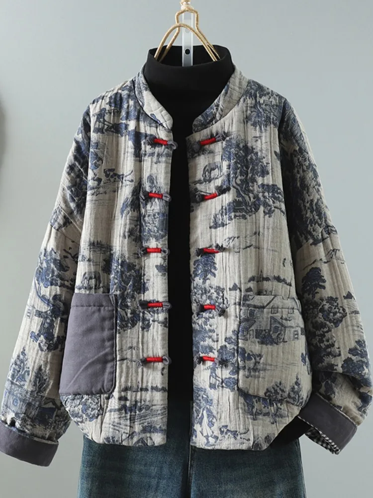 

Женское зимнее пальто в традиционном китайском стиле с ретро-принтом, утепленное хлопком, с воротником-стойкой, на пуговицах, с внутренней хлопковой подкладкой