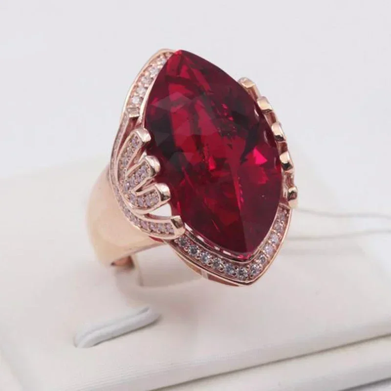 Plated 14k rose Golden crystal luxury ruby Marquise shape stone classic court charm adjustable wedding rings for couples