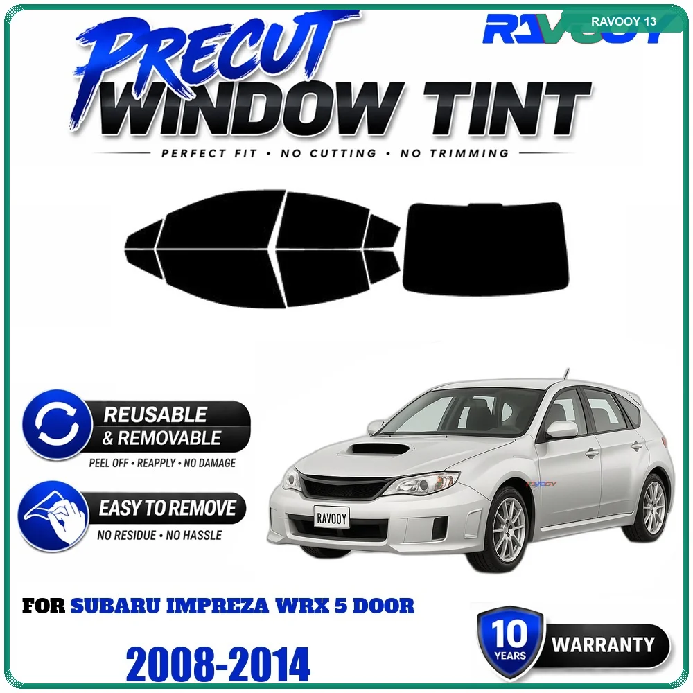 RAVOOY Precut Window Tint, Reusable Removable EPU Film, Custom Fit for Subaru Impreza WRX 5 Door 2008-2014, UV Heat Protection