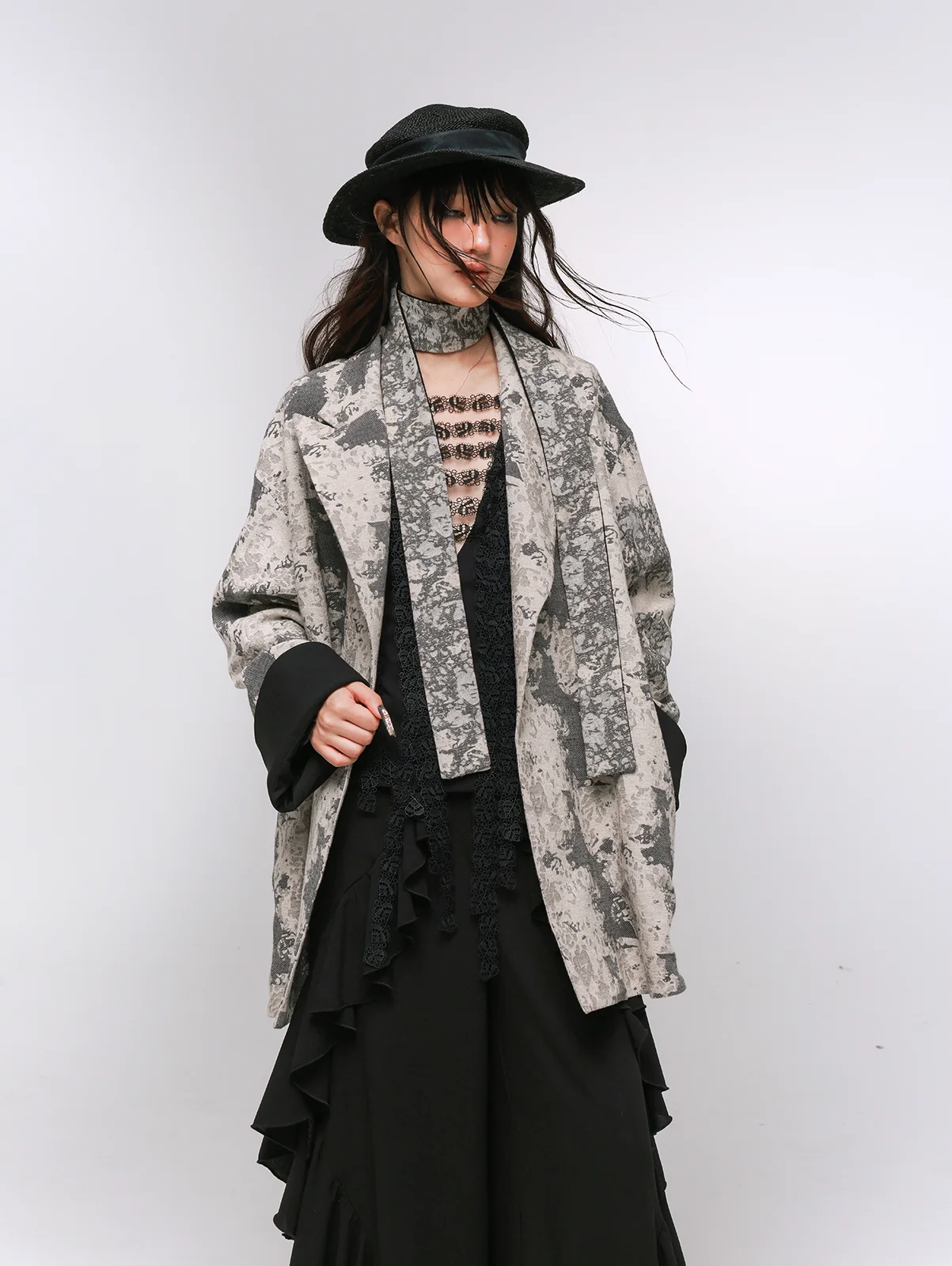 

Anti-Wrinkle Linen Double-Sided Wearable ex Belted Coat No Button Long Sve Suit Collar Mid-Length Floral Print Outerwear