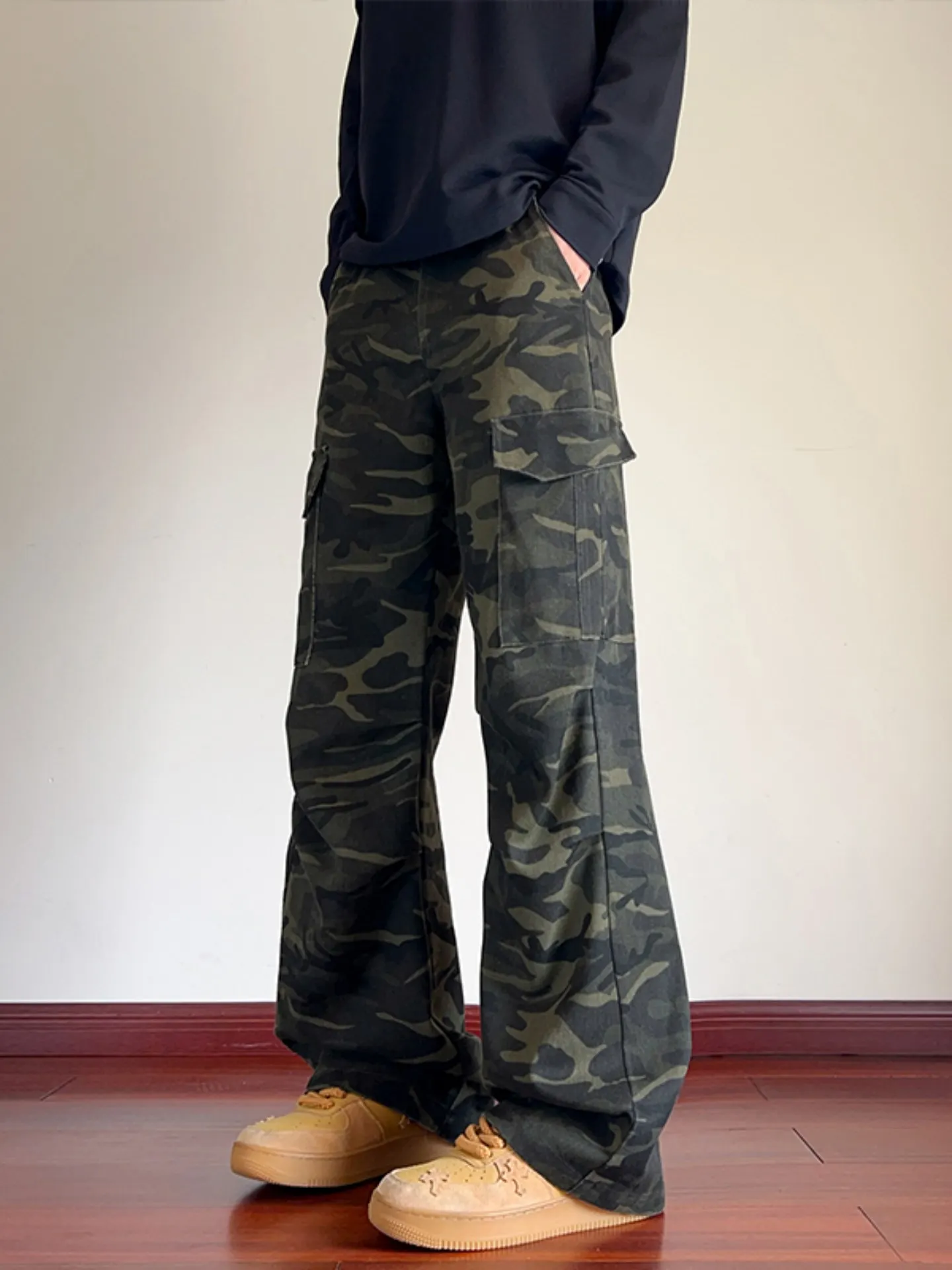 

American Sle Camouflage Work Pants Men's Loose Straight Leg Trousers Faionable Vintage Vibe Autumn Seasonal Knife Bootcut