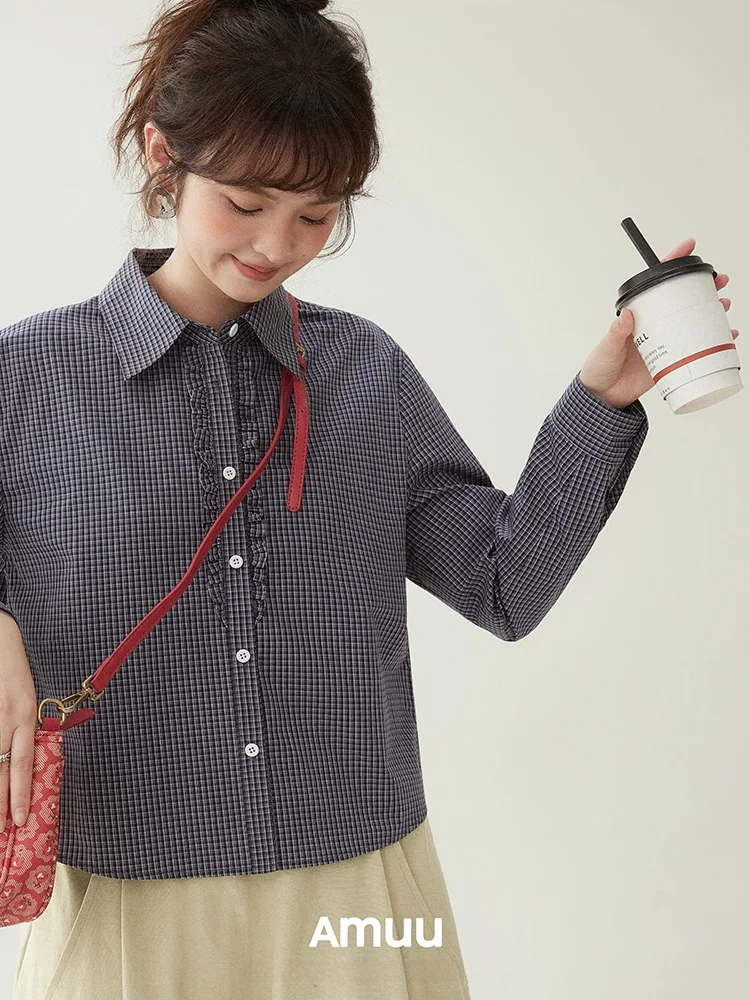 AMUU Original Plaid Wood  Pure Cotton Short Shirt Women Early Spring New Japanese Style Loose Fit Long Sleeve Button up