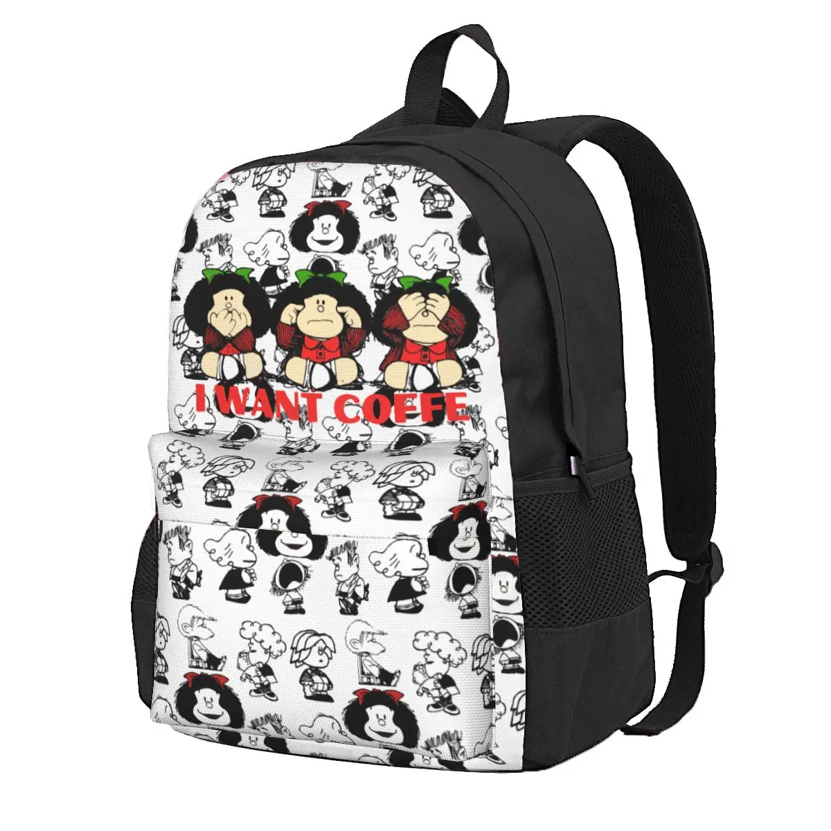 Mafalda I Want Coffe Backpack for Men Women Fashion High School Business Daypack Cartoon College Canvas Bags Durable