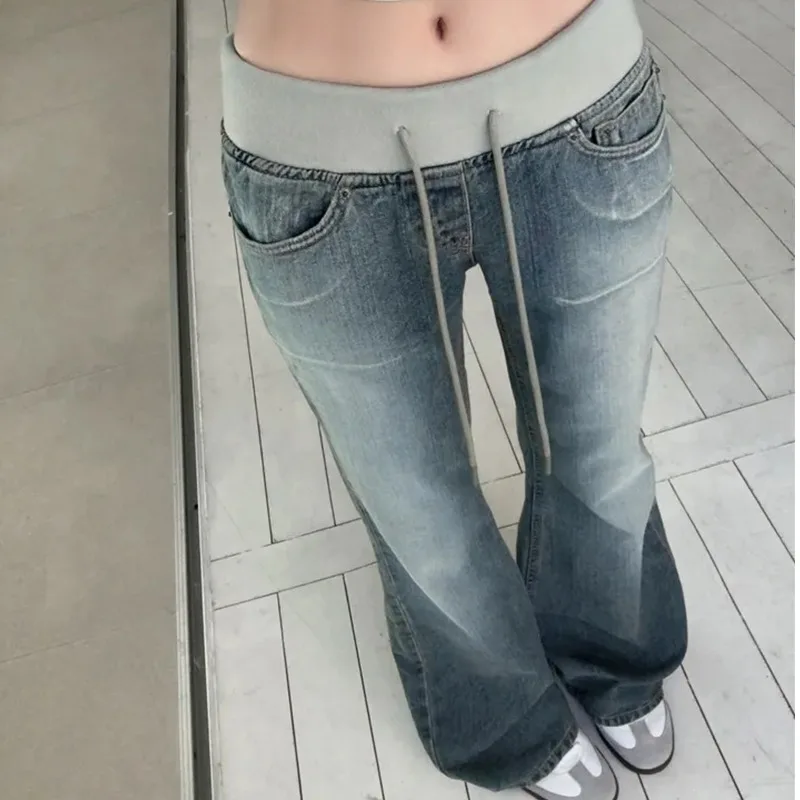 

Summer 2026 Chic Casual Style High Waist Patchwork Thin Fabric Micro Flare Denim Jeans Ladies Fashionable Long Pants