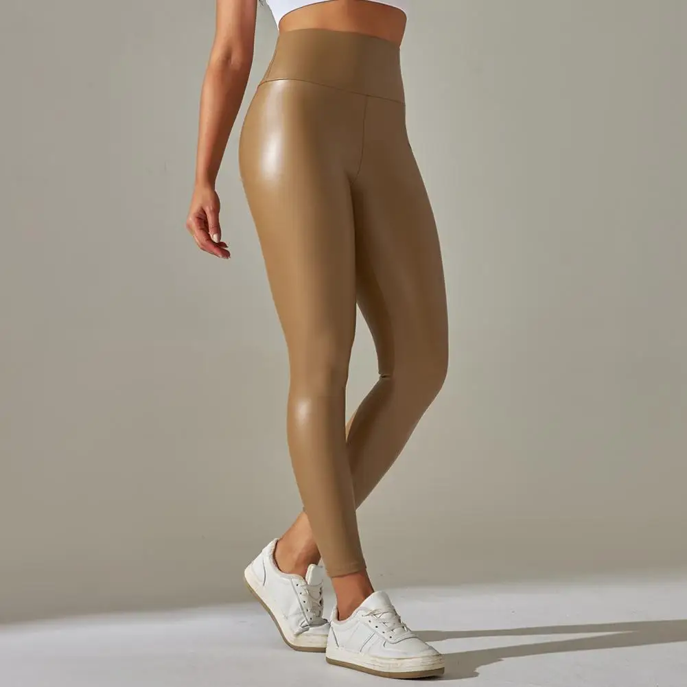 Leggings elásticos de cintura alta para mulheres, calças de ioga de couro falso, calças de levantamento de bumbum, leggings respiráveis