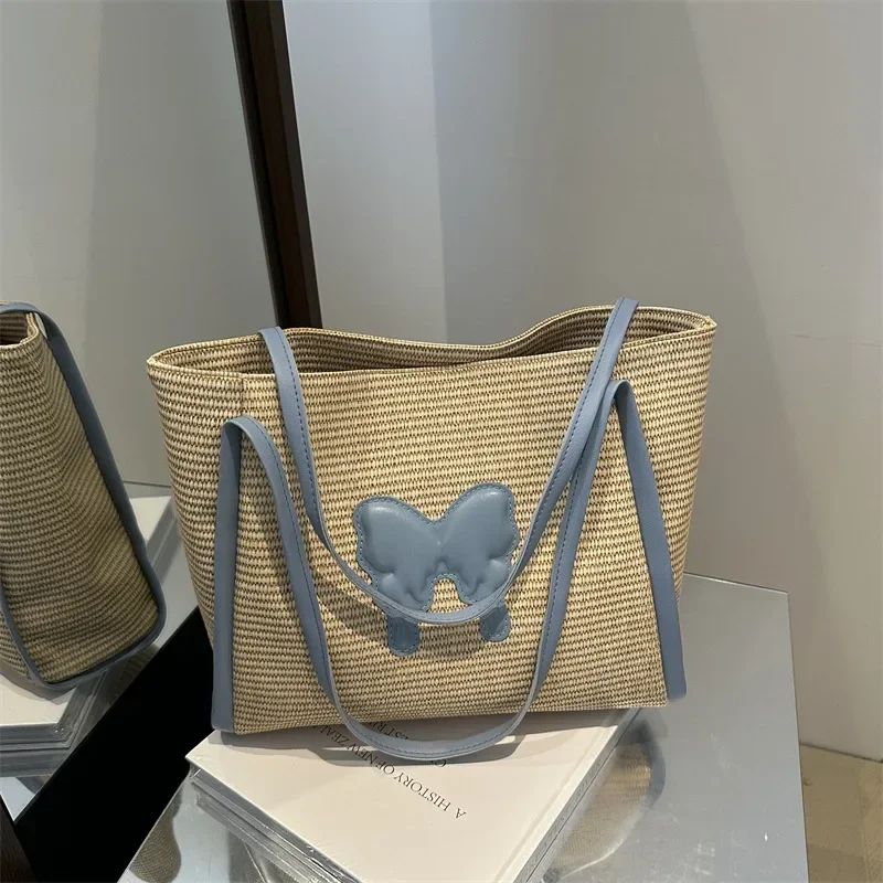 Large capacity straw bag women's summer butterfly commuter tote bag women casual seaside beach bag