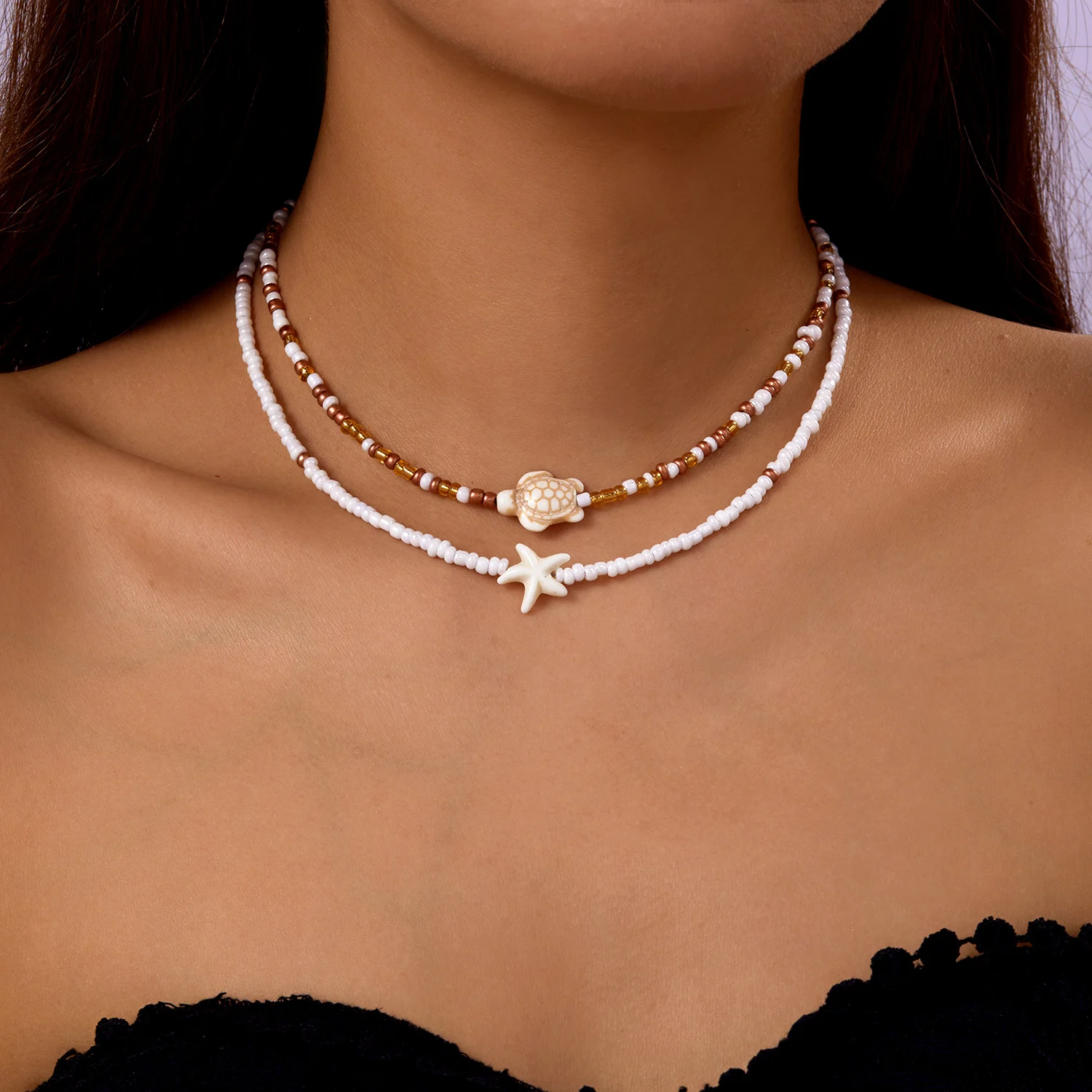 Bohemian Doppel Reis Perle Kette Schlüsselbein Halskette für Frauen Acryl Schildkröte Seestern Anhänger Halsband Sommer Strand Mode Schmuck – Detail 12