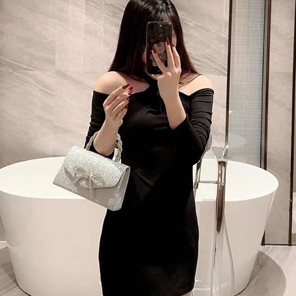Fashion Rhinestone Bowknot Evening Bag Glitter Gold Silver Bow Chain Bag Clutch Bag for Women Female