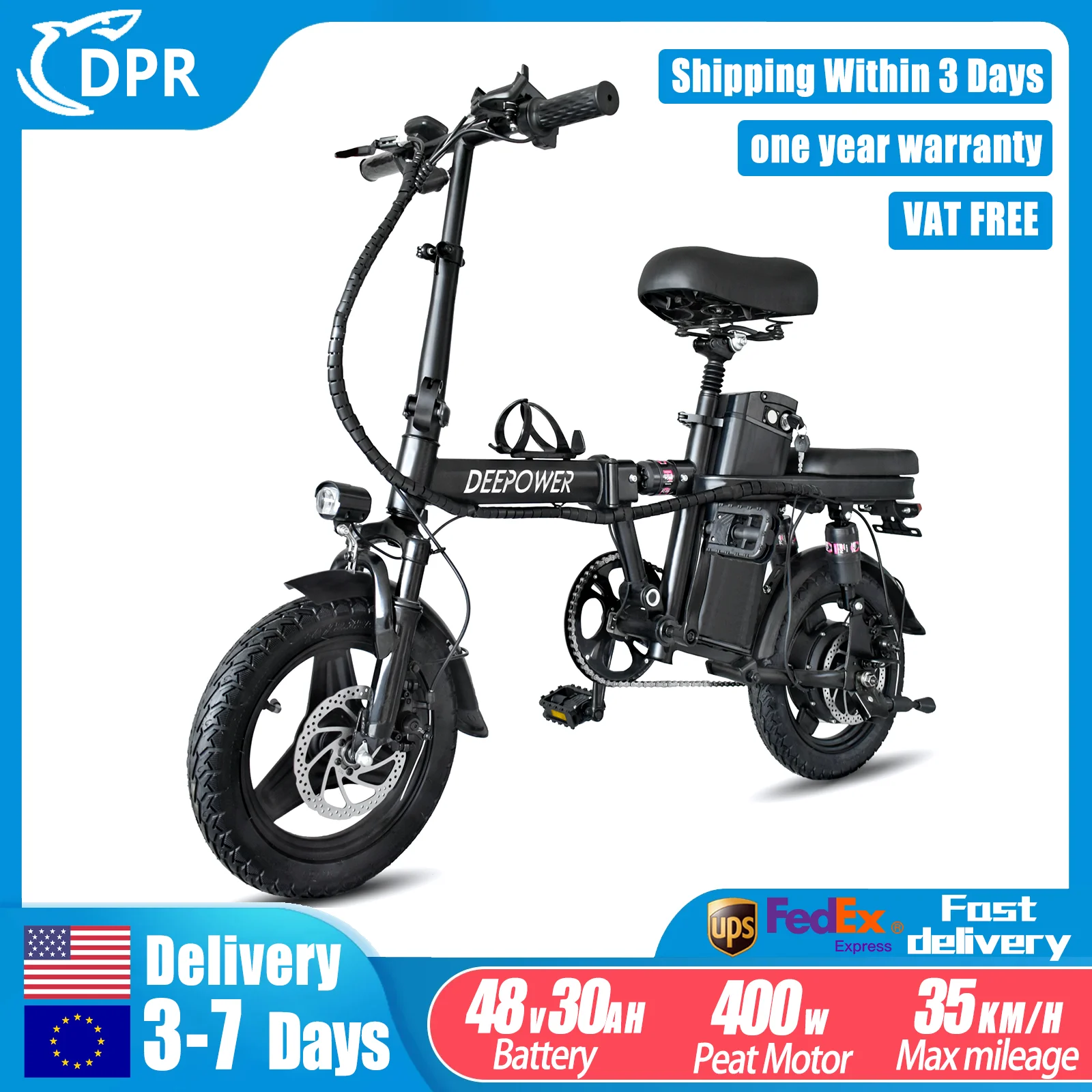 DEEPOWER Mini Foldable Ebike 400W 48V 30AH/10AH Removable Battery Multi-shock-absorbing Urban Electric Bicycle Bike for Aldult